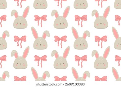 eamless Easter pattern with cute bunny faces and pink bows on white background. Perfect for baby textiles, nursery decor, and holiday-themed designs