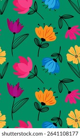 eamless floral pattern with abstract modern flowers green background – colorful minimal vector design with hand drawn petals and linear leaves
