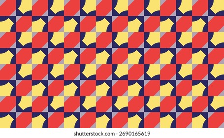 eamless geometric pattern with bold red, yellow, and navy blue shapes forming abstract curved tiles.