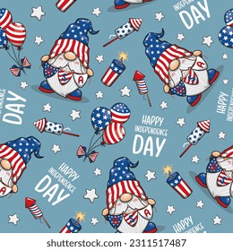 eamless Pattern 4th of July America Independence With Cute Gnome, Cartoon Illustration