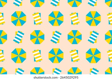 eamless pattern of beach umbrellas and mats in yellow and blue tones on a sandy background