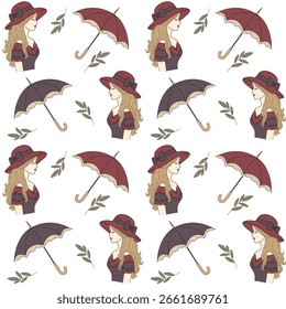 padrão perfeito com boho estilo menina, guarda-chuvas vintage, e folhas em um fundo branco. Ideal para tecido, papel de embrulho e design retro elegante.
