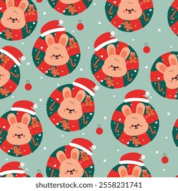 eamless pattern cartoon pink bunny inside christmas wreath. cute animal wallpaper for christmas background, gift wrap paper