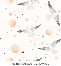 eamless pattern with cartoon seagulls. Childish print. Vector hand drawn illustration.