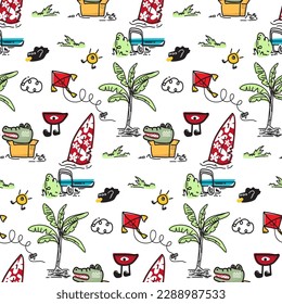 eamless pattern crocodile  summer surfboards  tote on  clothes  symbol wild  cute, asian beach and  white background .