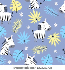 eamless pattern with cute doodle zebra and palm tree leaves on blue background. Vector illustration for children.