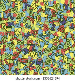 eamless pattern. Drawn letters of the Latin alphabet scattered chaotically on an abstract background.