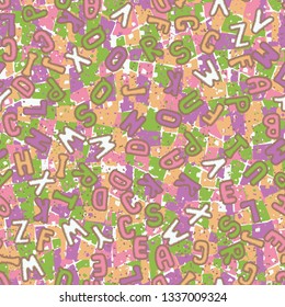 eamless pattern. Drawn letters of the Latin alphabet scattered chaotically on an abstract background.