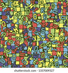 eamless pattern. Drawn letters of the Latin alphabet scattered chaotically on an abstract background.
