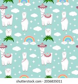 eamless pattern with funny llamas in sombrero, clouds, stars and rainbows on a blue background. Vector illustration for baby texture, textile, fabric, poster, postcard, decor. Alpaca from Peru.