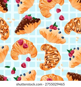 eamless pattern with raspberry croissants, fresh red berries, and miniature pies. A repeating dessert texture with juicy berries, green leaves in a soft pastel palette. perfect for fabric, wallpaper