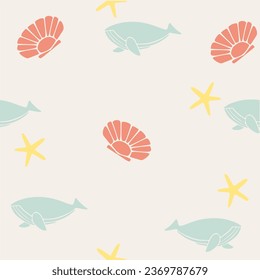 eamless pattern with sea creatures. Endless underwater life background. Fish, sea shell, corals, starfish. Ocean 