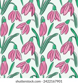 eamless pattern with spring snowdrop flowers. Pink, green. Hand drawing, line and spot. Green,pink. It can be used for the design of postcards,invitations, textil
