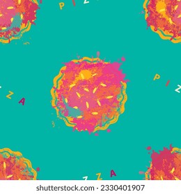 eamless pattern texture on the theme of pizzeria. Creative illustration with abstract image of pizza in the form of colorful stains and splashes on the green background