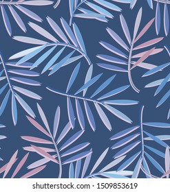 eamless pattern with tropical cirrus leaves. Blue background with fantasy tropical leaves in trendy colors.	
