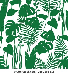 eamless pattern of tropical green forest leaves. Vector illustration. Silhouette of monstera
