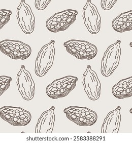 eamless vector pattern with Cardamom aromatic camphor. Repeating background with spice fresh dried fruit pods of cardamom plants. Design for Eastern medicine, food, Ayurveda, harvest seeds cardamum