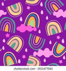 eamless vector pattern with rainbow, cloud, drops, stars on a lilac background for childish. textile, wallpaper, fabric, wrapping paper. Texture for printing on an umbrella, a raincoat. 