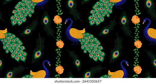 eamless vibrant peacock and floral pattern for krishna janmashtami festive designs hindu cultural celebrations colorful feathers elegant birds black background