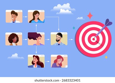 El trabajo en equipo que conduce al éxito se visualiza perfectamente en esta ilustración. Muestra una ruta organizativa clara desde las tareas individuales hasta un proyecto completado, ideal para presentaciones corporativas.