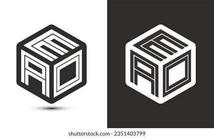 Diseño de logotipo de letras EAO con logotipo de cubo ilustrador, logotipo vectorial estilo moderno de superposición de tipos de letra del alfabeto. Icono del logotipo de Premium Business. Color blanco sobre fondo negro