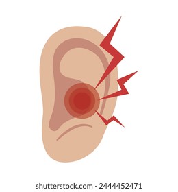 Ear ache illustration colored icon. Ear pain, inflammation or infection graphic in flat vector style.  