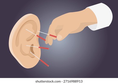 Acupuntura del oído. El oído humano está tachonado con agujas de acupuntura. Medicina alternativa con agujas china. Ilustración vectorial isométrica plana.