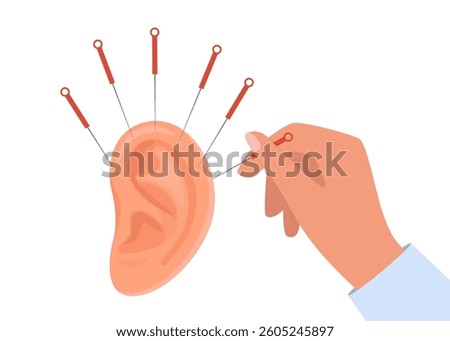 Ear acupuncture. Human ear is studded with acupuncture needles. Chinese needle alternative medicine and treatment symbol collection.