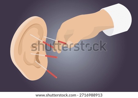 Ear acupuncture. Human ear is studded with acupuncture needles. Chinese needle alternative medicine. Flat isometric vector illustration.
