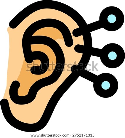 Ear Acupuncture Points full color Icon, Auriculotherapy Symbol for Alternative Medicine, Illustration of Acupuncture Needles in Human Ear, Isolated Minimalist Outline Art.