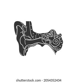 Ear Anatomy Icon Silhouette Illustration. Organ Sound Vector Graphic Pictogram Symbol Clip Art. Doodle Sketch Black Sign.