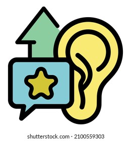 Ear and up arrow icon. Outline ear and up arrow vector icon color flat isolated