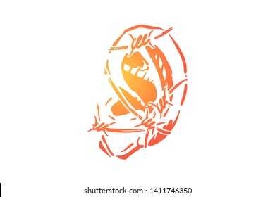 Ear in barbed wire, human sensory organ, earlobe wrapped by metal thorny cable. Deafness, hearing loss, ignoring truth, mass media manipulation concept sketch. Hand drawn vector illustration