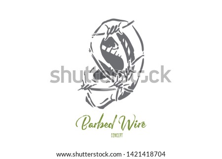 Ear in barbed wire, human sensory organ, earlobe wrapped by metal thorny cable. Deafness, hearing loss, ignoring truth, mass media manipulation concept sketch. Hand drawn vector illustration