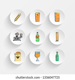 ear of barley, beer mug, beer glass and barley mixer icons on plate illustration set