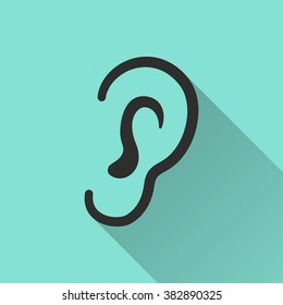 Ear   black icon with long shadow, flat design. Vector illustration.