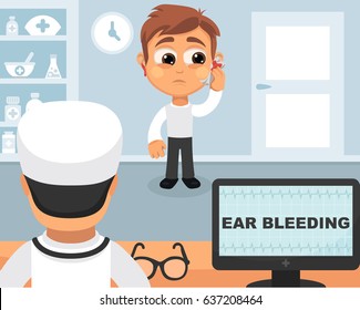 Ear bleeding medical concept. Vector illustration. Doctor and patient are talking in the hospital. Isolated on white background.