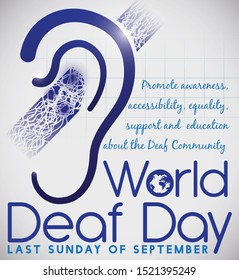 Ear with blue label with waves entering through it, representing deafness symbol and precepts promoting the celebration of World Deaf Day in the last Sunday of September.