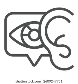 Ear and bubble with eye line icon, neural network concept. Vector graphics. Sound recognition, data training sign on white background, outline style icon for mobile or web design