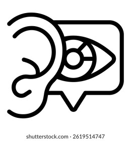 Ear and bubble with eye line icon, neural network concept. Vector graphics. Sound recognition sign on white background, style mobile or design