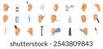 Ear canal cleaning icons set. Exploring various ear cleaning tools and methods for maintaining ear hygiene, including cotton swabs, ear drops, and specialized instruments