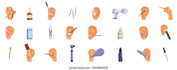 Ear canal cleaning icons set. Exploring various ear cleaning tools and methods for maintaining ear hygiene, including cotton swabs, ear drops, and specialized instruments