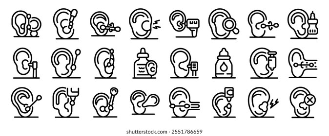 Ear canal cleaning icons set. Essential icons representing various ear treatments and care, including cleaning, piercing, medication, and medical interventions 