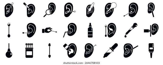 Ear canal cleaning icons set. Exploring various methods and instruments for ear hygiene, from cotton swabs and ear drops to specialized tools for wax removal and ear piercing