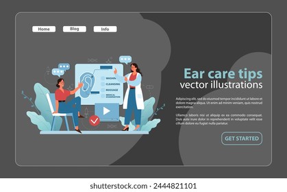 Ear Care Guidelines. Informative vector illustration showing the process of ear care including washing, cleansing, and massage for good hygiene. Flat vector illustration.