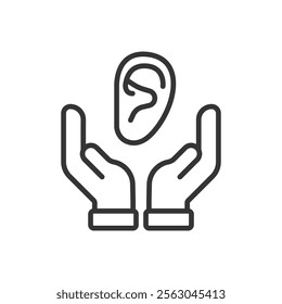 Ear care, icon in line design. Hearing health, ears hygiene, ear protection, auditory health, cleaning, ear safety on white background vector. Ear care editable stroke icon