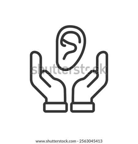 Ear care, icon in line design. Hearing health, ears hygiene, ear protection, auditory health, cleaning, ear safety on white background vector. Ear care editable stroke icon