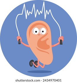 
Ilustración del concepto de prueba de audición de cuerda de salto de carácter de oído. Concepto de audiología divertido icono gráfico de dibujos animados
