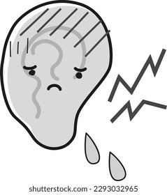 Ear character with a troubled expression (otitis media) (black and white)