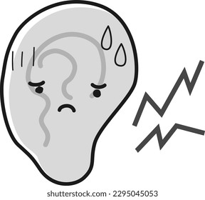 Ear character with a troubled expression (pain , noise) (black and white)